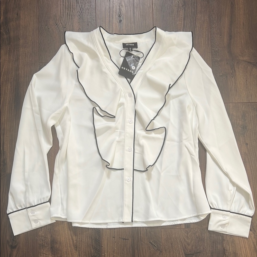 NWT Heyson Long Sleeve Ruffled Bib Collar Blouse - Picture 5 of 10